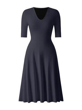 OGL Move V-Neck Elbow Sleeve Midi Brami Dress with Pockets – Medium – Navy – NWT